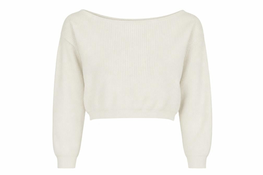 Front view of PRETTYLITTLETHING women’s ivory boat neck acrylic jumper, size UK 10, - cropped