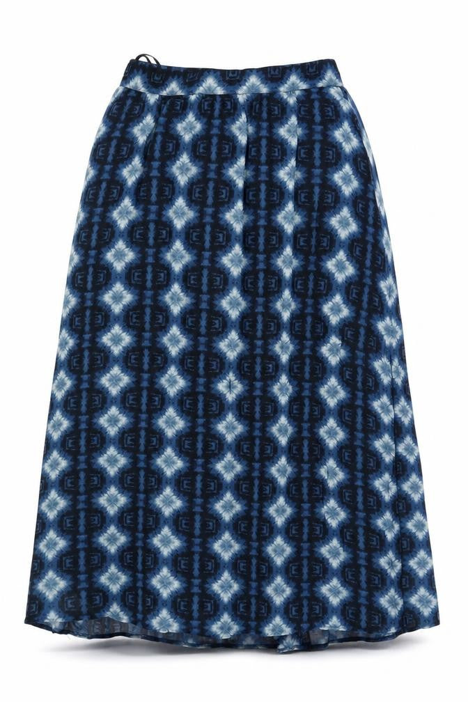 Front view of Next women’s blue geometric polyester a-line skirt, size S, zip