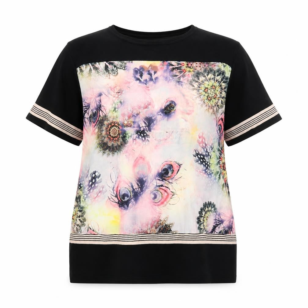 Front view of Paramour women’s black geometric viscose basic t-shirt, size L, boat neck