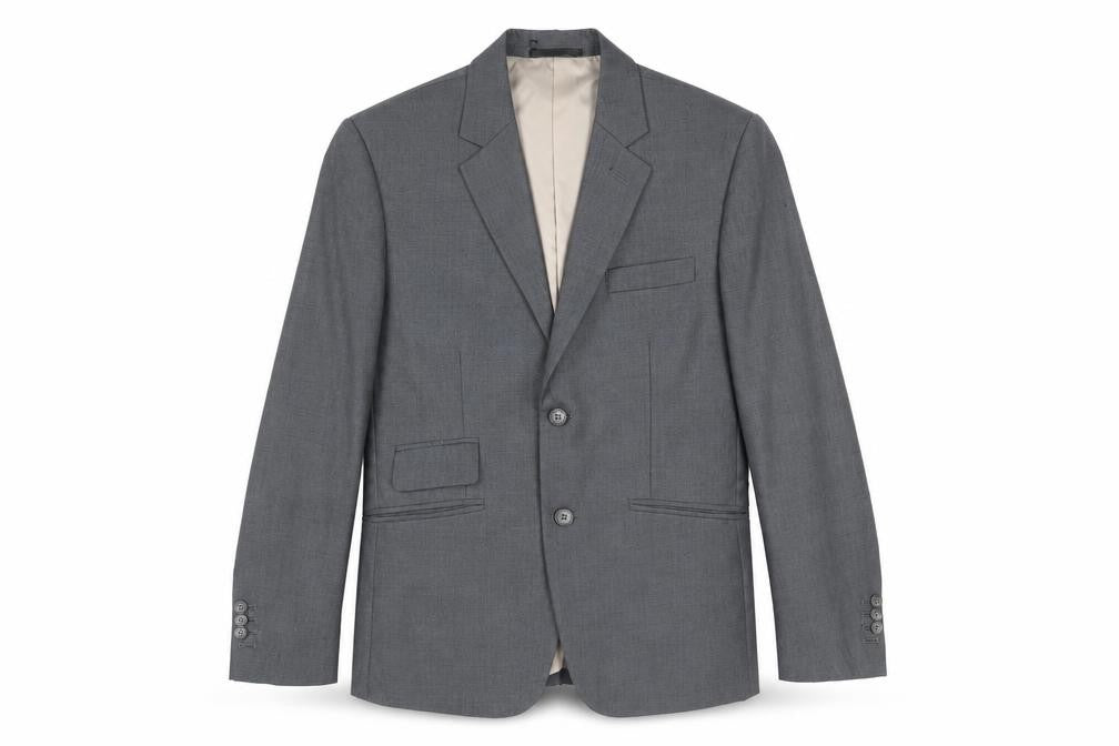 Front view of Preworn men’s grey polyester jacket suit jacket, size 36, regular