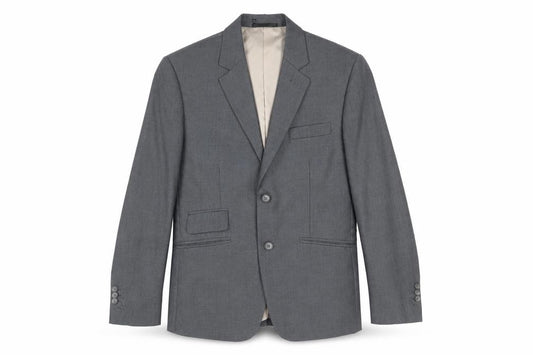 Front view of Preworn men’s grey polyester jacket suit jacket, size 36, regular