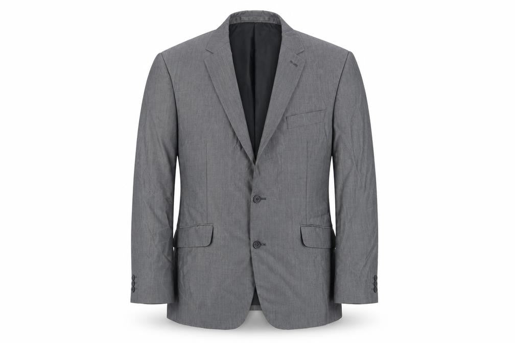 Front view of Preworn men’s grey polyester jacket suit jacket, size 42, regular