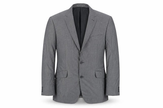 Front view of Preworn men’s grey polyester jacket suit jacket, size 42, regular