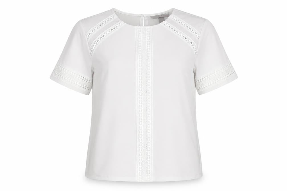 Front view of H&M women’s white polyester basic blouse, size M, round neck - crocheted lace detail