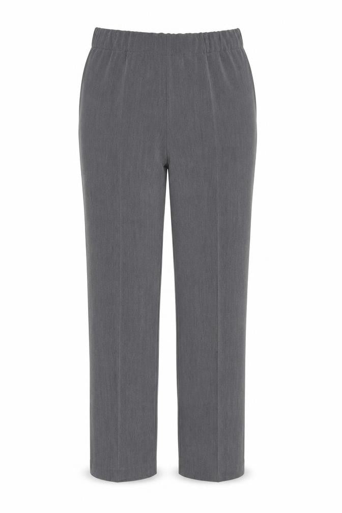 Front view of Vida Vi women’s grey polyester trousers, size UK 14, regular
