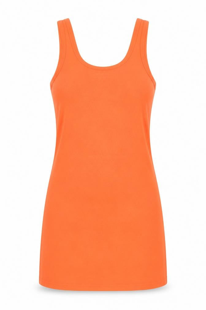 Front view of River Island women’s orange polyester basic tank, size UK 8, scoop neck