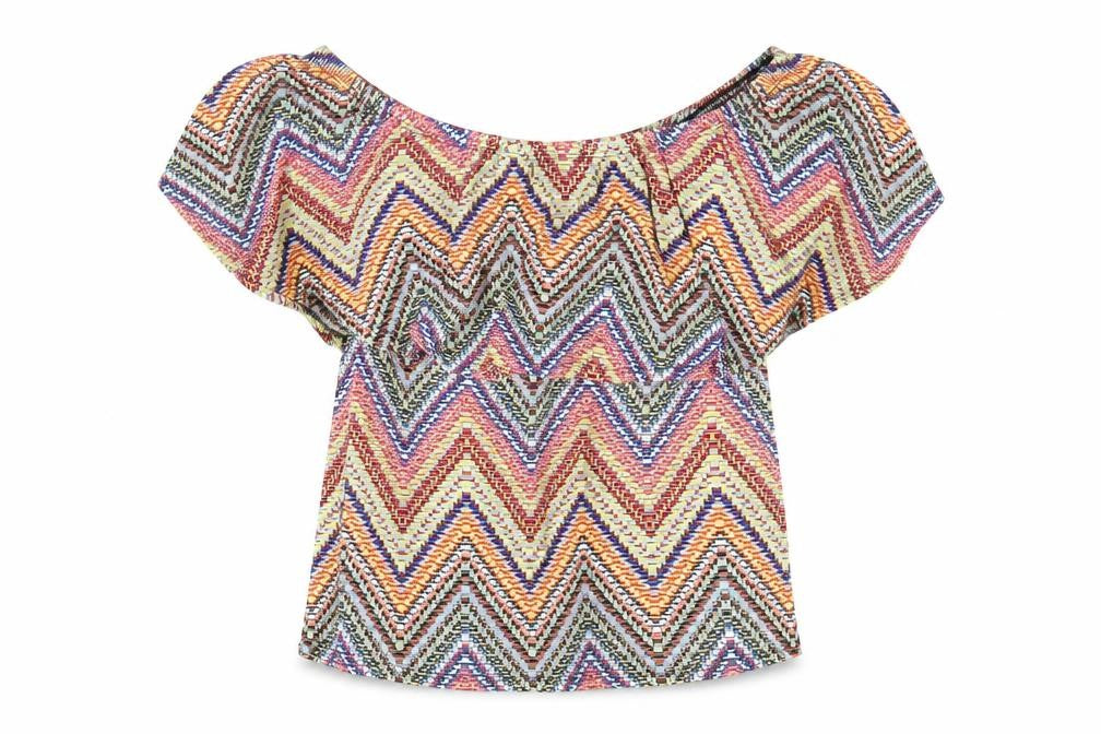 Front view of Atmosphere women’s multicoloured geometric viscose basic blouse, size UK 4, off the shoulder