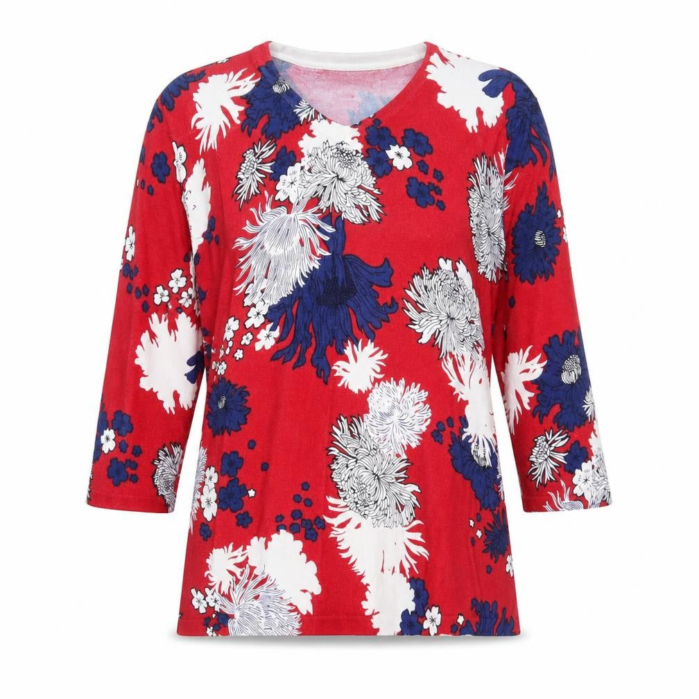 Cerulean Womens Red V-Neck Floral Viscose Pullover Jumper Size M