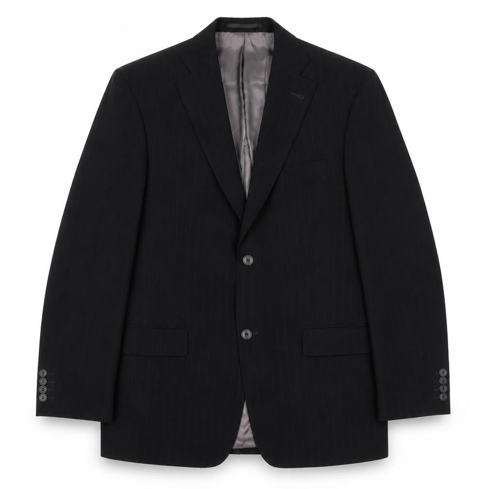 Front view of Quattro men’s black striped polyester jacket suit jacket, size 42, regular