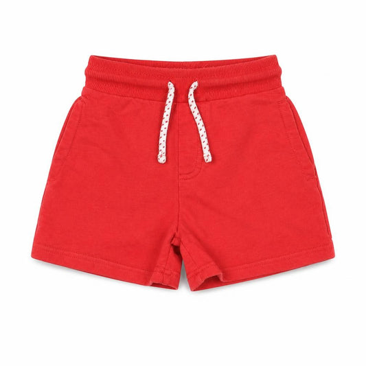 Front view of George boys’ red 100% cotton cropped trousers, size 18-24, months drawstring