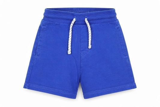 Front view of George boys’ blue 100% cotton cropped trousers, size 18-24, months drawstring