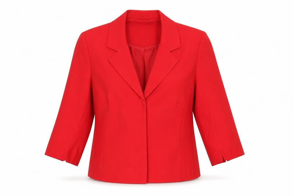 Front view of Vestry women’s red jacket blazer, size UK 14, button