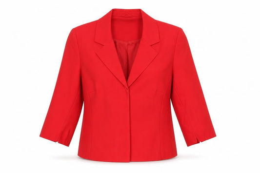 Front view of Vestry women’s red jacket blazer, size UK 14, button