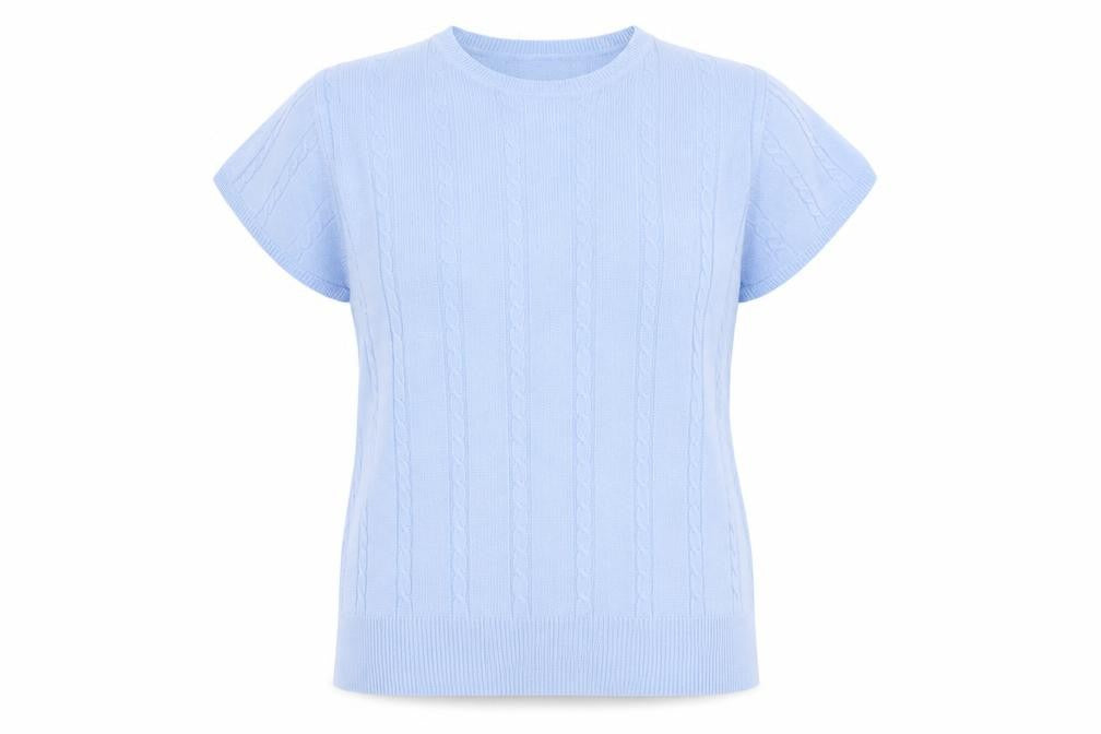 Front view of Andre De Brett women’s blue round neck acrylic jumper, size UK 14, pullover