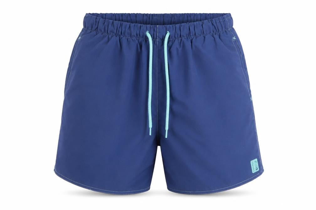 Front view of Decathlon men’s blue polyester bermuda shorts, size XS, regular drawstring