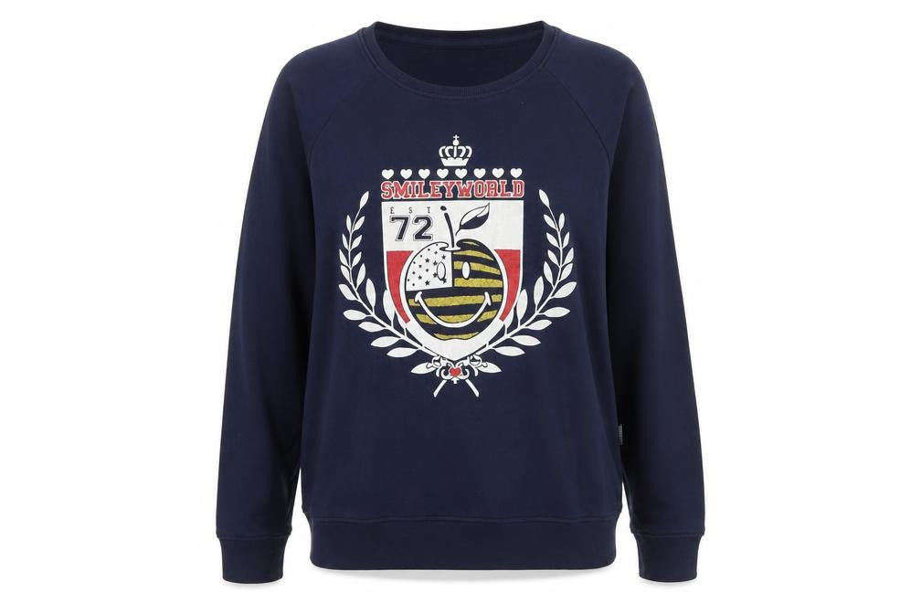 Front view of Smiley women’s blue cotton pullover sweatshirt, size M, pullover