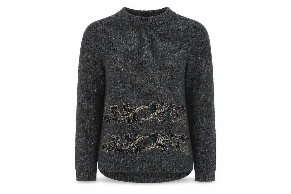 Front view of Tu women’s grey round neck polyester jumper, size UK 10