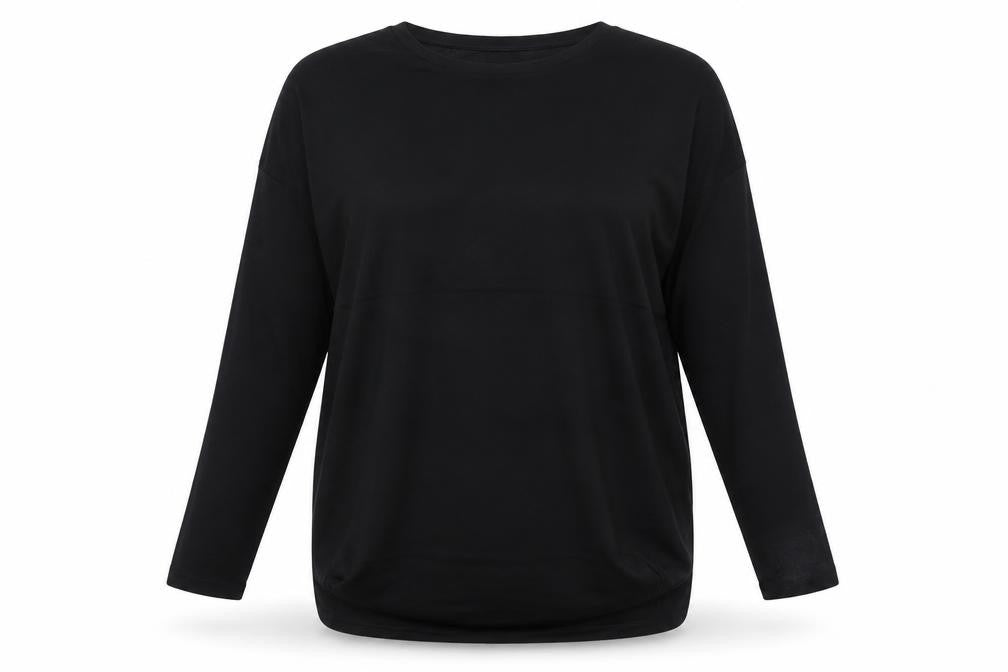 Front view of Topshop women’s black viscose basic t-shirt, size UK 10, round neck