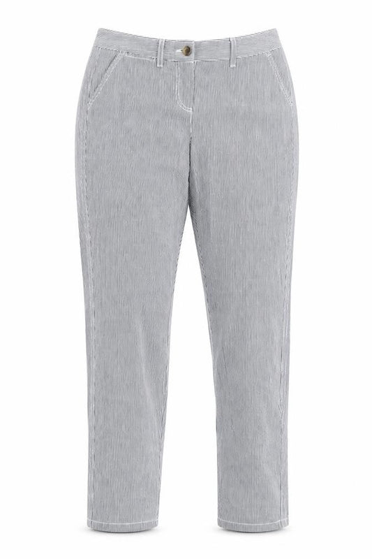 Front view of Next women’s black striped cotton capri trousers, size UK 6, regular zip