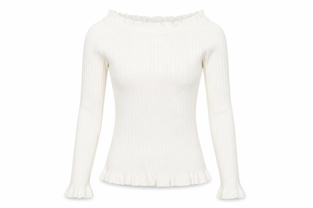 Front view of Miss Selfridge women’s ivory boat neck viscose jumper, size UK 8, pullover