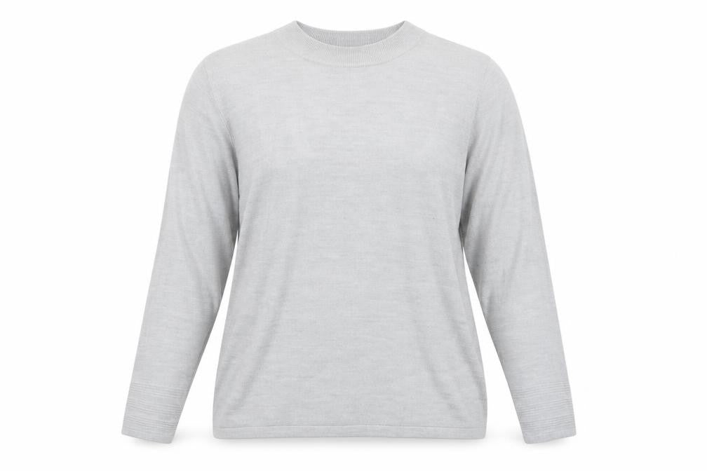 Front view of Marks & Spencer women’s grey round neck acrylic jumper, size UK 18
