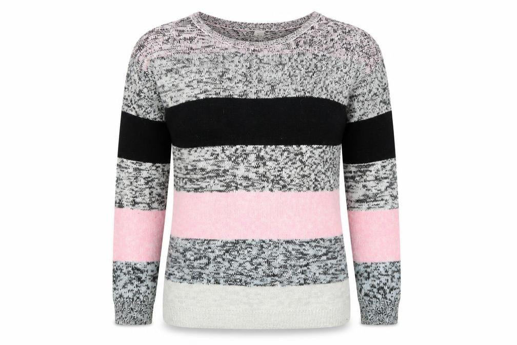 Front view of H&M women’s grey round neck striped acrylic jumper, size M