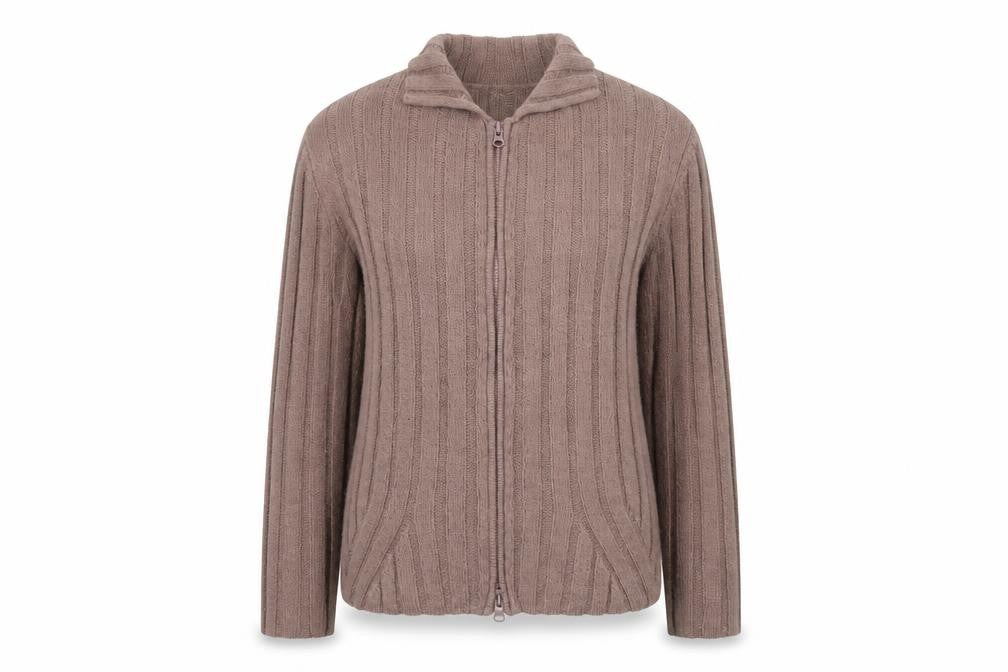 Front view of TIGI women’s brown collared acrylic full zip jumper, size UK 14