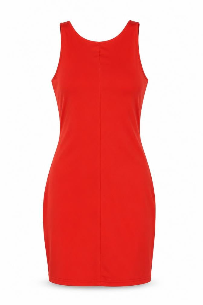 Front view of women’s red polyester shift, size M, round neck pullover