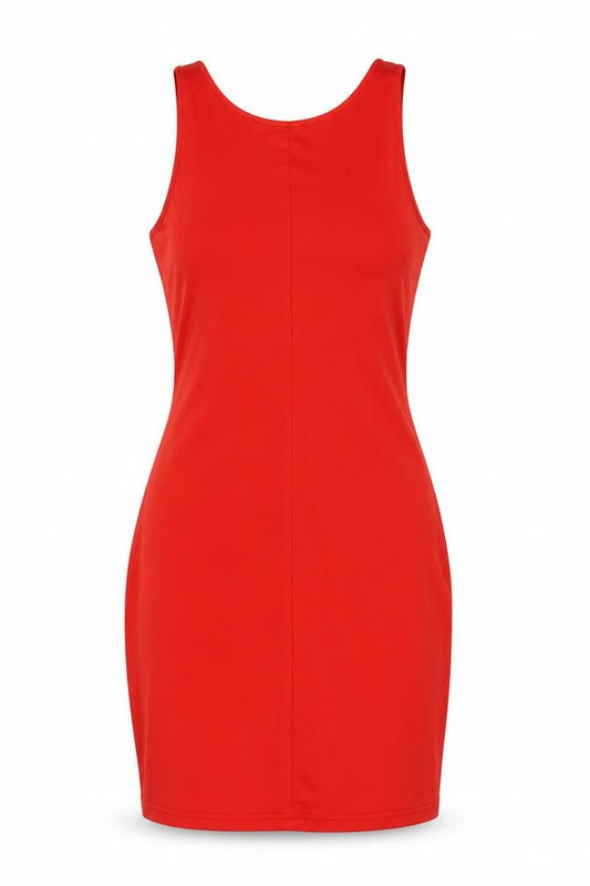 Front view of women’s red polyester shift, size M, round neck pullover