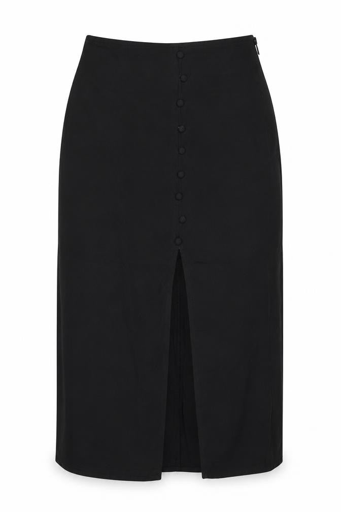 Front view of Divided by H&M women’s black polyester a-line skirt, size UK 8, zip