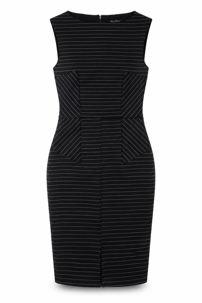 Front view of Miss Selfridge women’s black striped polyester shift, size UK 8, round neck zip