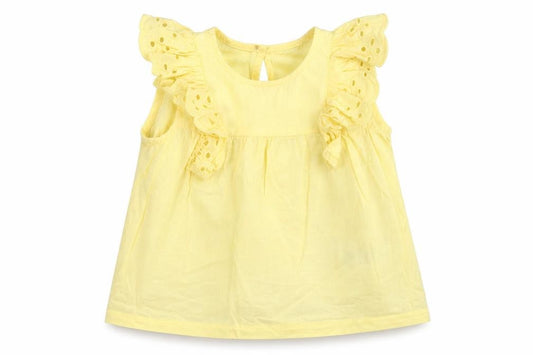 Front view of H&M girls’ yellow cotton basic tank, size 6-9, months round neck button - broderie anglaise