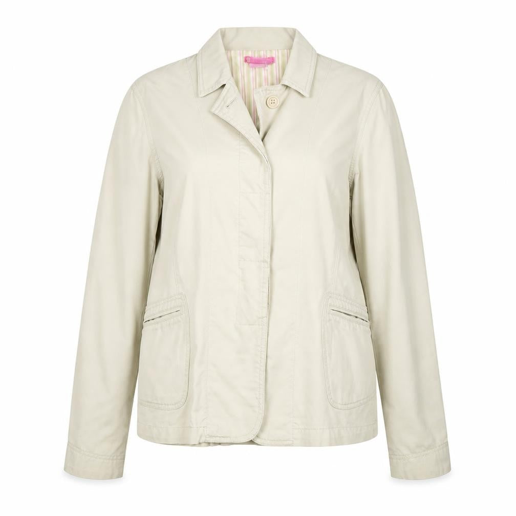 Front view of Eiussa women’s beige jacket, size L, button