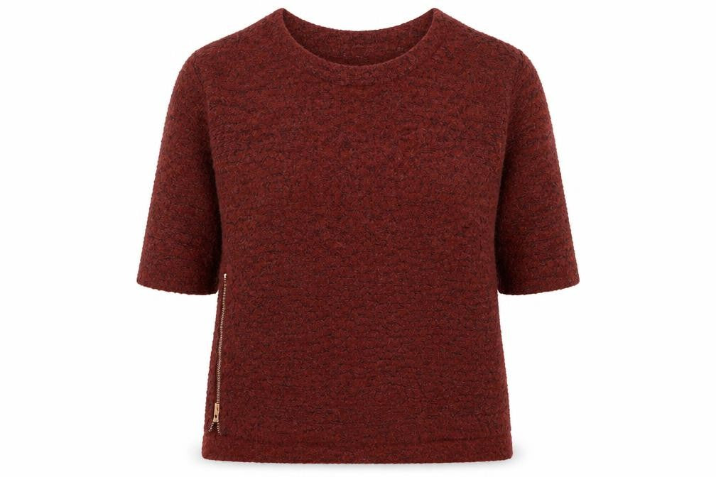 Front view of Next women’s red round neck acrylic jumper, size UK 12