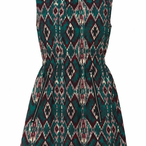 Mela London Womens Green Geometric Polyester A-Line Size 8 Round Neck Zip