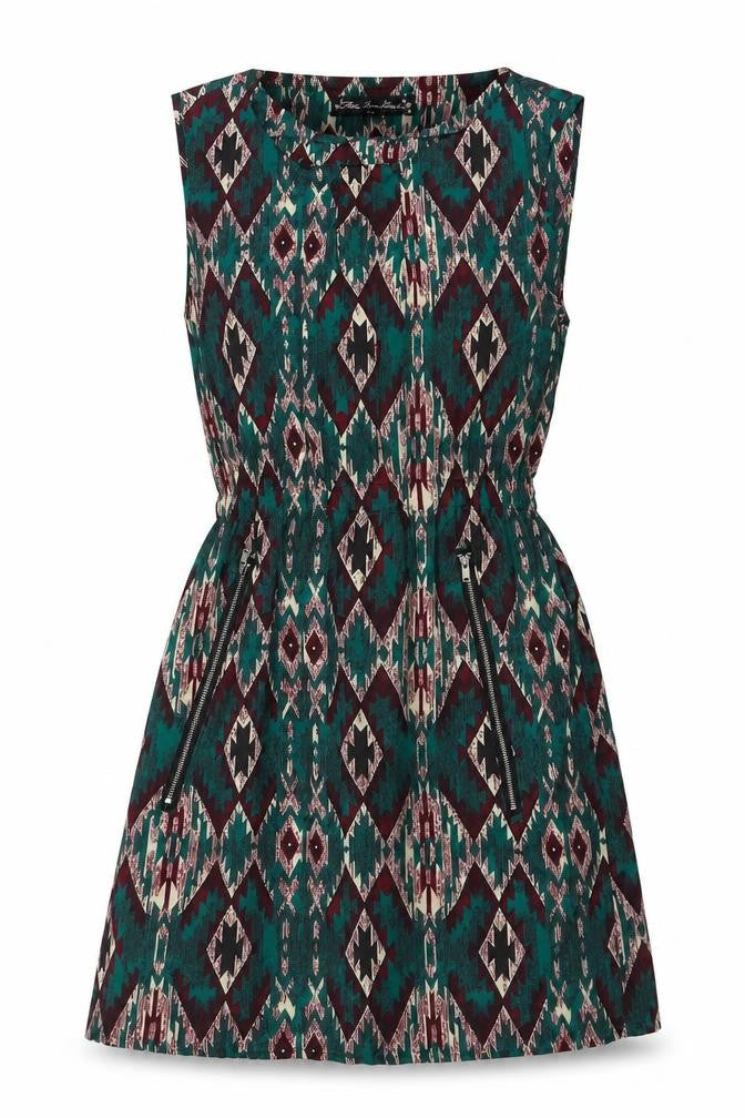 Mela London Womens Green Geometric Polyester A-Line Size 8 Round Neck Zip