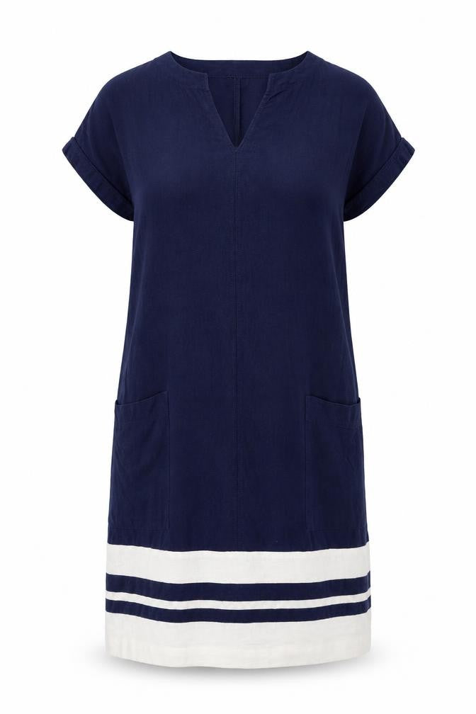 F&F Womens Blue Striped Linen A-Line Size 8 V-Neck Pullover