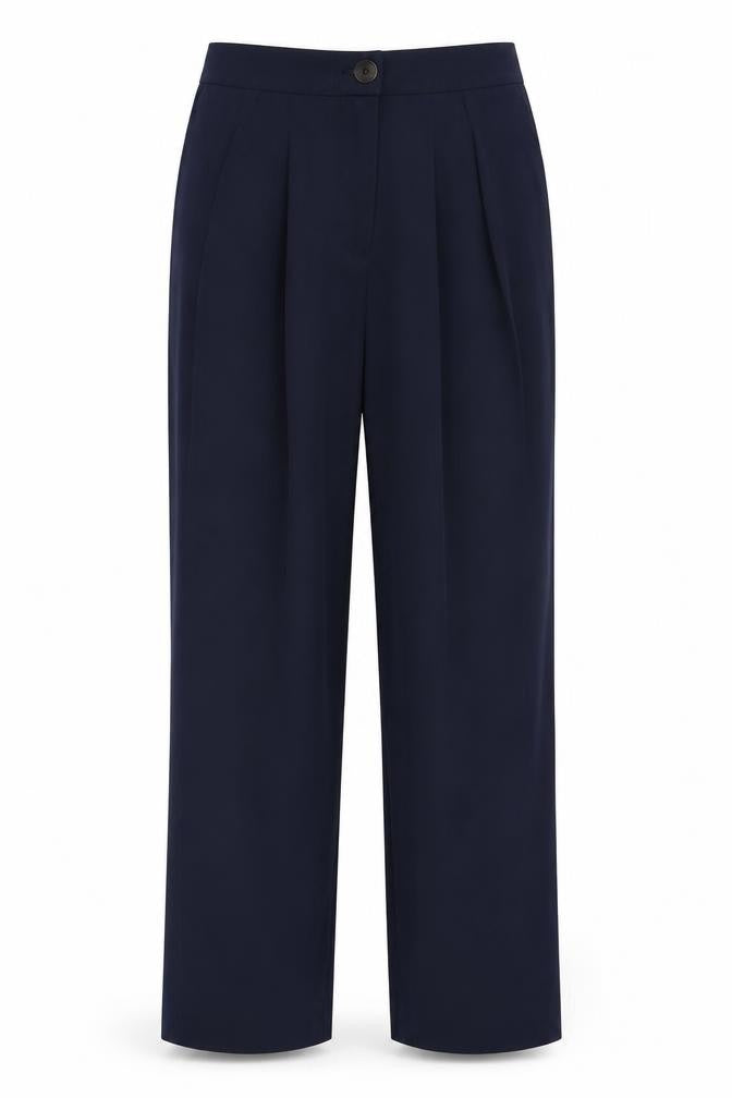 Front view of Very women’s blue viscose trousers, size UK 10, regular zip