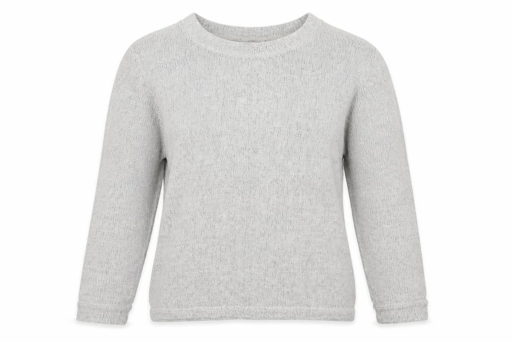 Front view of Orvis women’s grey round neck cotton jumper, size S