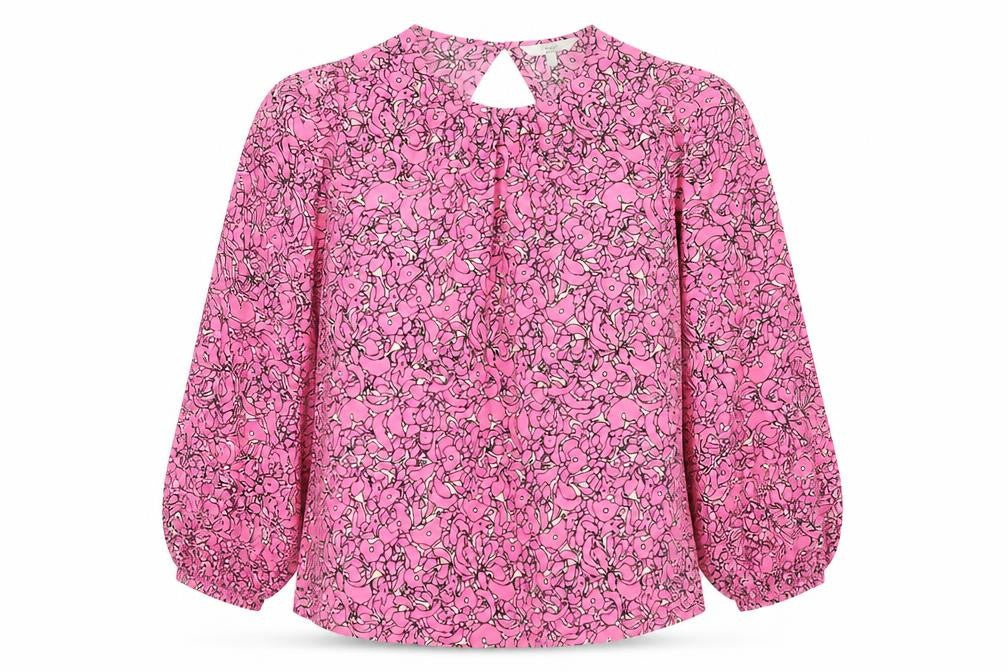Front view of Next women’s pink geometric polyester basic blouse, size S, round neck