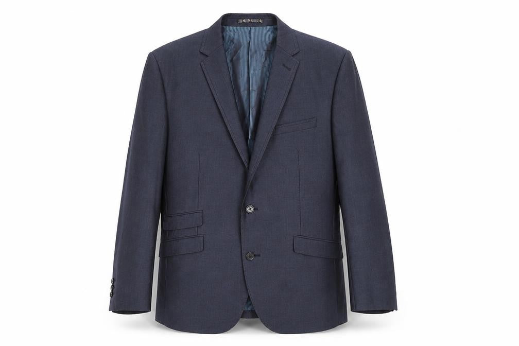 Front view of Preworn men’s blue polyester jacket suit jacket, size 40, regular
