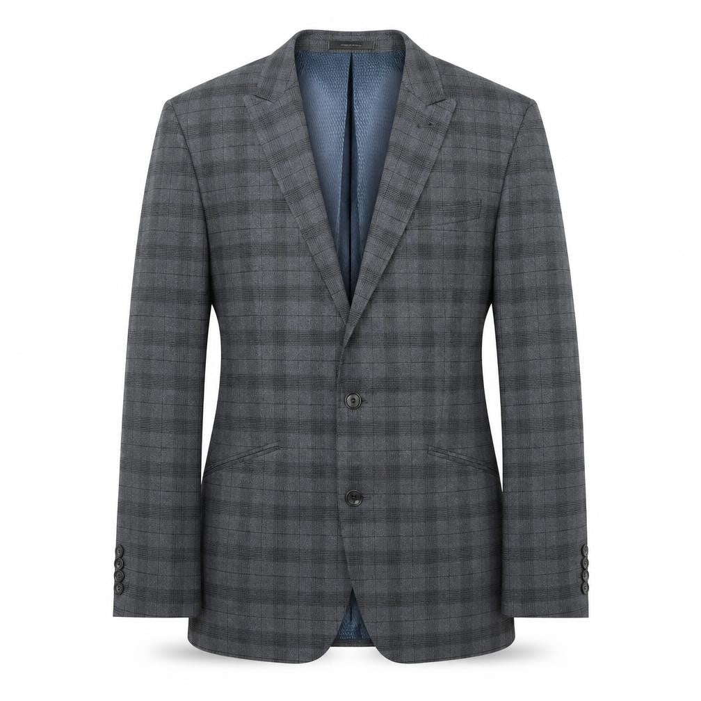 Front view of Primark men’s blue plaid polyester jacket suit jacket, size 40, regular