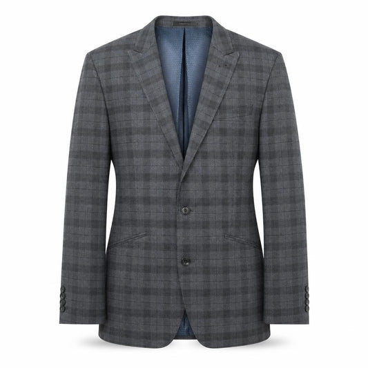 Front view of Primark men’s blue plaid polyester jacket suit jacket, size 40, regular