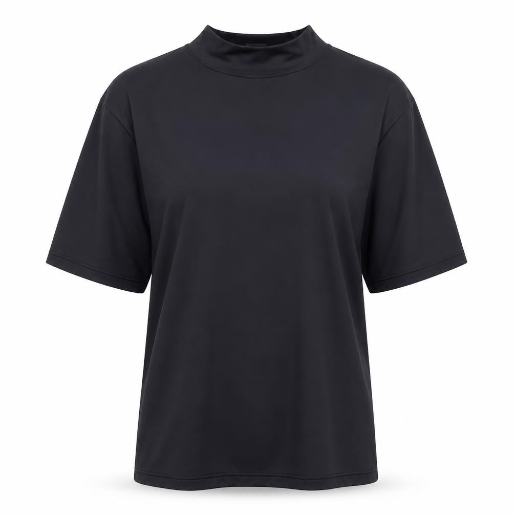Front view of Moose women’s black polyester basic t-shirt, size L, mock neck