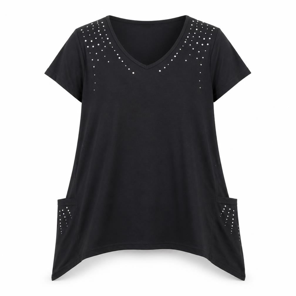 Front view of Being Casual women’s black polyester basic blouse, size UK 14, v-neck