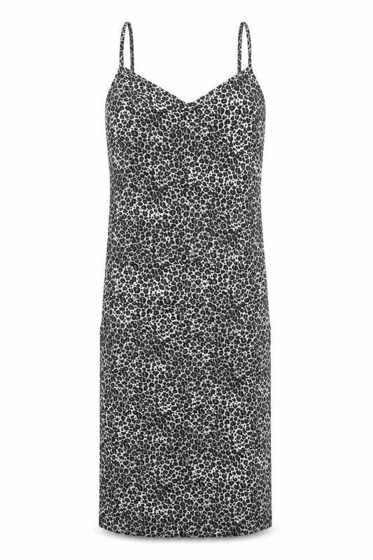Front view of PRETTYLITTLETHING women’s grey animal print polyester tank dress, size UK 6, v-neck pullover - leopard print