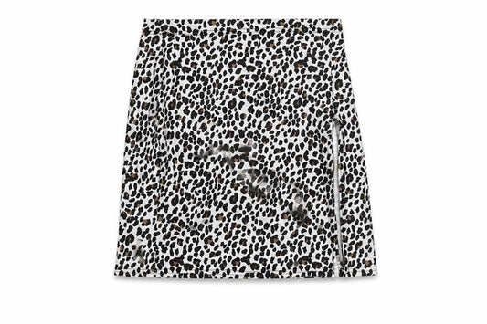 Front view of PRETTYLITTLETHING women’s white animal print polyester a-line skirt, size UK 8, - leopard pattern