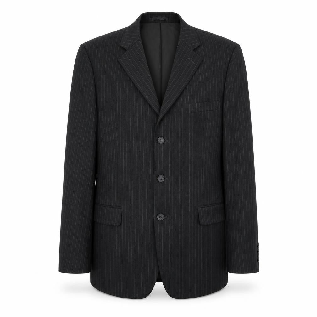 Front view of Taylor & Wright men’s black striped polyester jacket suit jacket, size 40, regular