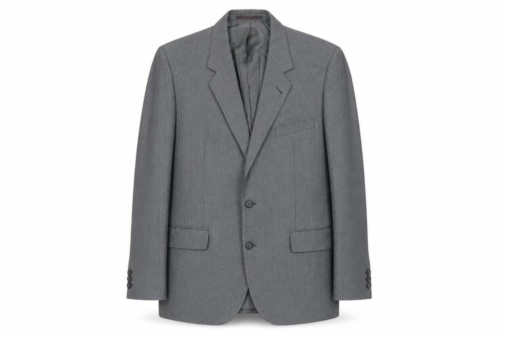 Front view of Burton men’s grey wool jacket suit jacket, size 42, regular