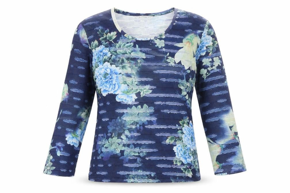 Front view of Alexara women’s blue geometric polyester basic t-shirt, size UK 10, round neck